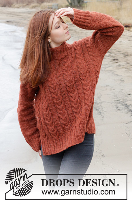 Flaming Heart Sweater / DROPS 245-10 - Pulôver tricotado de baixo para cima em DROPS Brushed Alpaca Silk. Tricota-se com torcidos, gola dobrada e fendas nos lados. Do S ao XXXL.