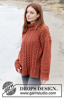 Flaming Heart Sweater / DROPS 245-10 - Alhaalta ylös neulottu pusero DROPS Brushed Alpaca Silk -langasta. Työssä on palmikoita, korkea kaulus ja sivuhalkiot. Koot S-XXXL.