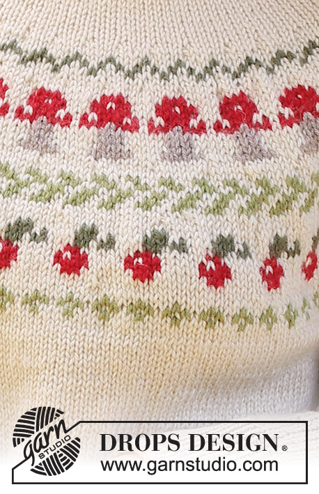 Mushroom Season Sweater / DROPS 245-11 - Strikket bluse i DROPS Karisma. Arbejdet strikkes oppefra og ned med dobbelt halskant, rundt bærestykke, flerfarvet mønster med svampe og bær og slids i siderne. Størrelse S - XXXL.