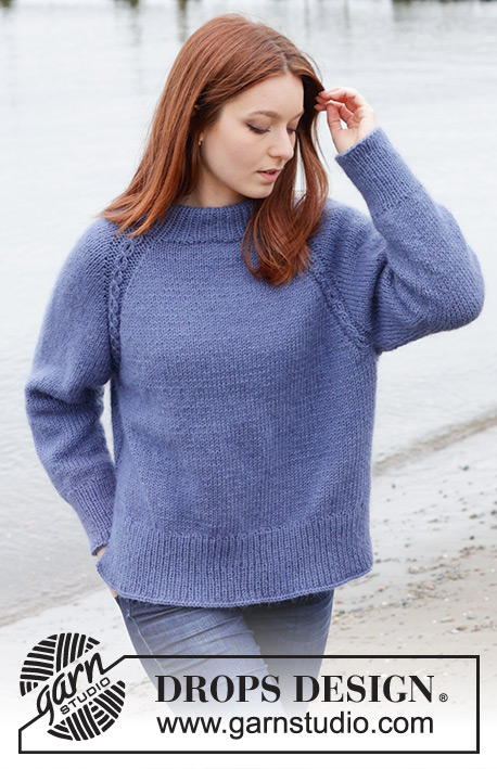 Moonlit Ocean / DROPS 245-13 - Knitted sweater in DROPS Merino Extra Fine and DROPS Kid-Silk. The piece is worked top down with double neck, raglan, cables and split in sides. Sizes S - XXXL.