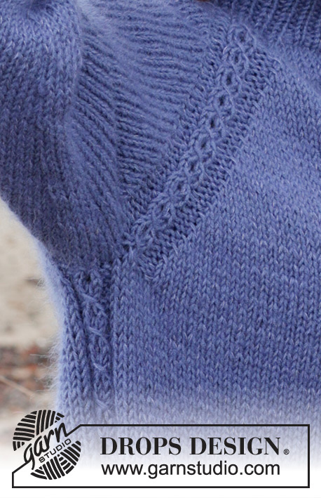 Moonlit Ocean / DROPS 245-13 - Sweter na drutach, przerabiany od góry do dołu z włóczek DROPS Merino Extra Fine i DROPS Kid-Silk. Z podwójnym wykończeniem dekoltu, reglanowymi rękawami, warkoczami i pęknięciami na bokach. Od S do XXXL.