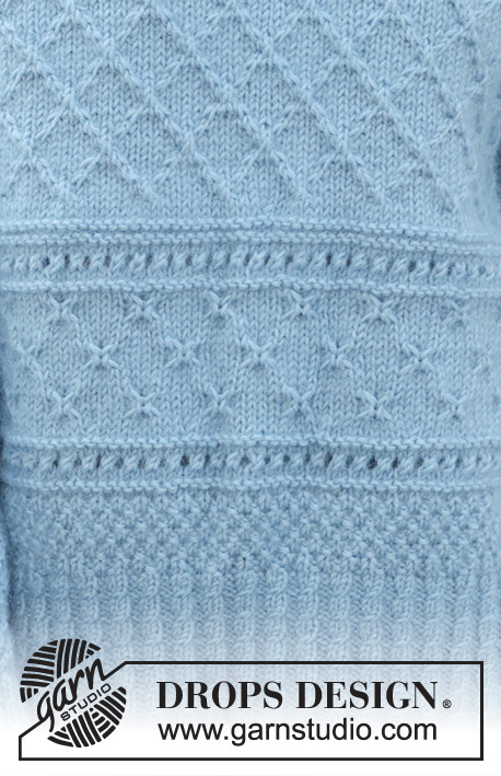 Blue Diamonds Sweater / DROPS 245-14 - Knitted sweater in DROPS Karisma and DROPS Kid-Silk. The piece is worked top down with diagonal shoulders, relief-pattern, split in sides and double neck. Sizes S - XXXL.