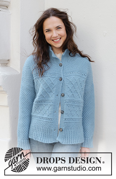 Blue Diamonds Cardigan / DROPS 245-15 - Knitted jacket in DROPS Karisma and DROPS Kid-Silk. The piece is worked top down with diagonal shoulders, relief-pattern, split in sides and high neck. Sizes S - XXXL.