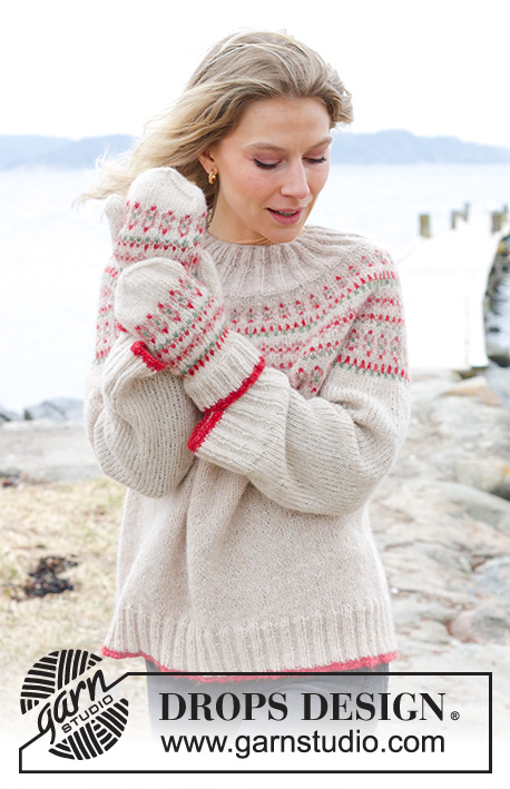 Something About Holly Sweater / DROPS 245-19 - DROPS Air lõngast ülevalt alla kootud mitmevärvilise mustriga ümara passega džemper suurustele S kuni XXXL