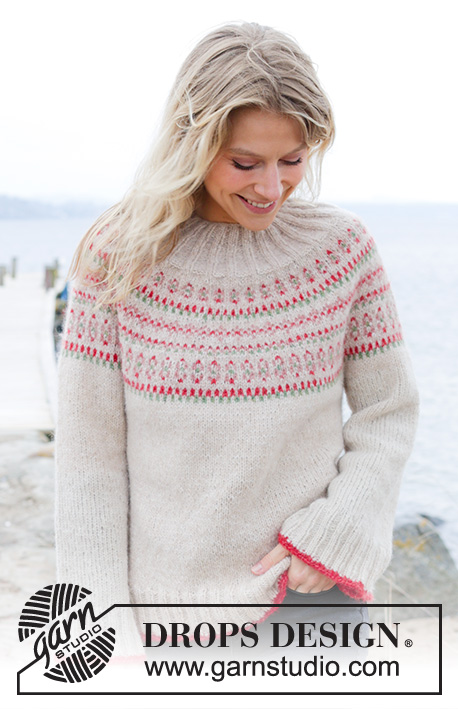 Something About Holly Sweater / DROPS 245-19 - Kötött pulóver DROPS Air fonalból. A darabot fentről lefelé irányban készítjük- kerek vállrésszel és színes mintával. S - XXXL méretekben.