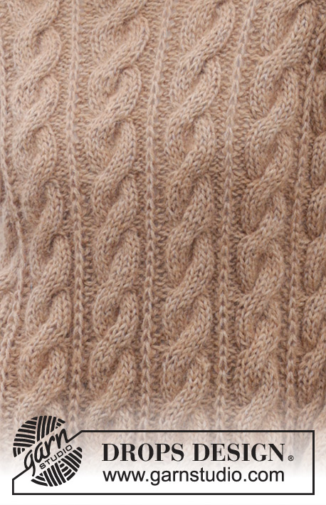 Cinnamon Swirls / DROPS 245-20 - Gebreide trui in DROPS Puna en DROPS Kid-Silk. Het werk wordt van boven naar beneden gebreid met Europeaanse/diagonale schouders, kabels, dubbele halsrand en split in de zijkanten. Maten S - XXXL.