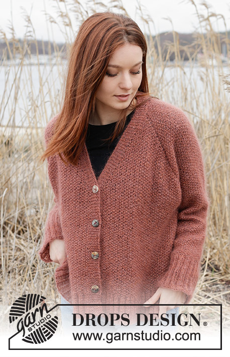 Copper River Cardigan / DROPS 245-21 - Knitted jacket in DROPS Kid-Silk. The piece is worked top down with moss stitch, raglan and V-neck. Sizes S - XXXL.