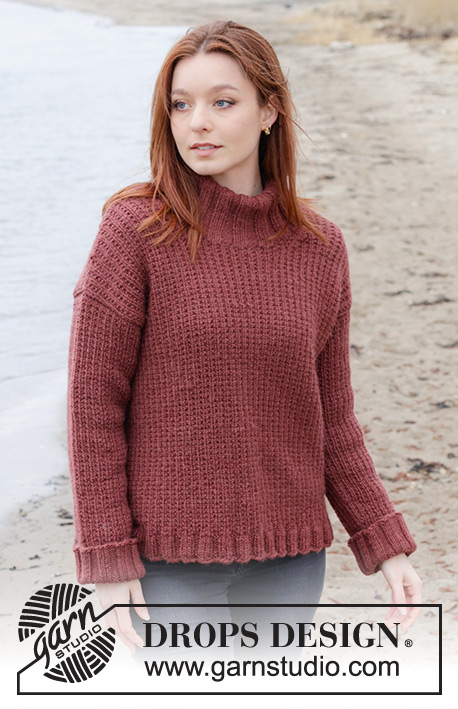 Rustic Berry Sweater / DROPS 245-26 - Knitted jumper in DROPS Nepal. The piece is worked bottom up with relief-pattern, diagonal shoulders and high neck. Sizes S - XXXL.