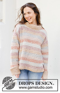 Lakeside Watercolour Sweater / DROPS 245-28 - Pruhovaný pulovr s postranními rozparky háčkovaný zdola nahoru z příze DROPS Puna a DROPS Kid-Silk. Velikost: S-XXXL.