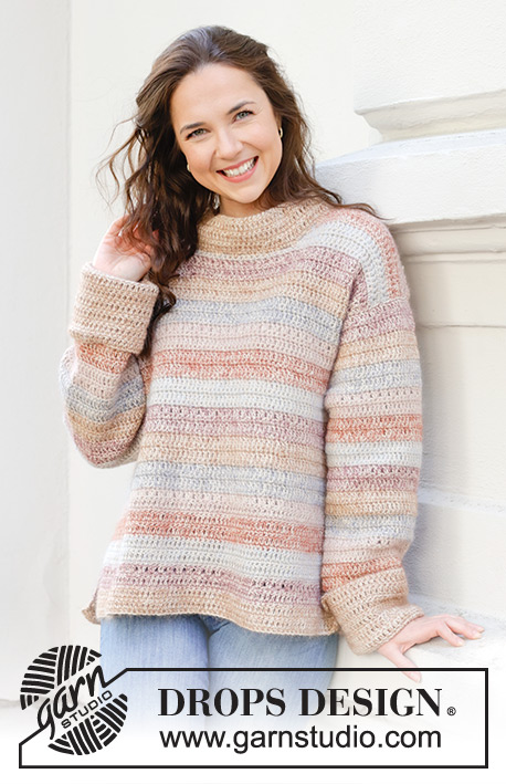Lakeside Watercolour Sweater / DROPS 245-28 - Crocheted jumper in DROPS Puna and DROPS Kid-Silk. The piece is worked bottom up with stripes, split in sides and fold-up sleeves. Sizes S - XXXL.
