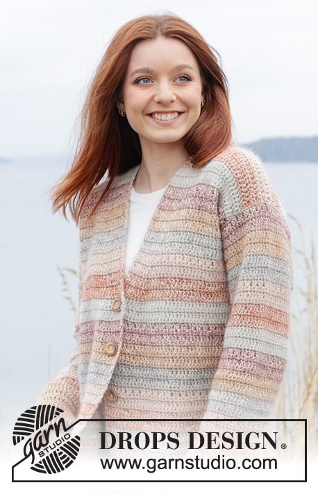 Lakeside Watercolour Cardigan / DROPS 245-29 - Crocheted jacket in DROPS Puna and DROPS Kid-Silk. The piece is worked bottom up with stripes, split in sides, V-neck and fold-up sleeves. Sizes S - XXXL.