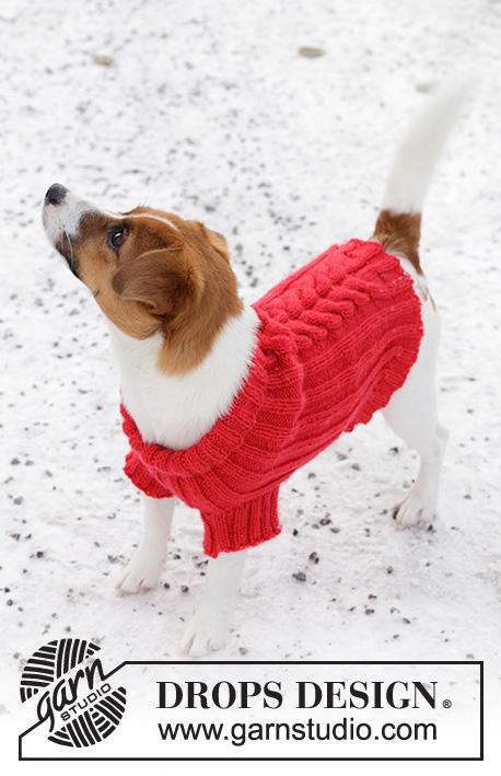 Holiday Buddies / DROPS 245-31 - Pull tricoté pour chien en DROPS Karisma. Se tricote à partir du col, avec côtes et torsades. Du XS au M. Thème: Noël.