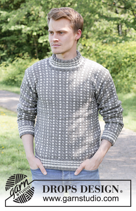 Winter Twilight / DROPS 246-1 - Knitted jumper for men in DROPS Merino Extra Fine. The piece is worked bottom up with Nordic/Icelandic pattern, double neck and sewn-in sleeves. Sizes S - XXXL.