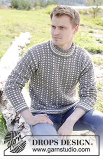 Winter Twilight / DROPS 246-1 - Pull tricoté pour homme en DROPS Merino Extra Fine. Se tricote de bas en haut avec jacquard nordique/islandais, col doublé et manches montées. Du S au XXXL.