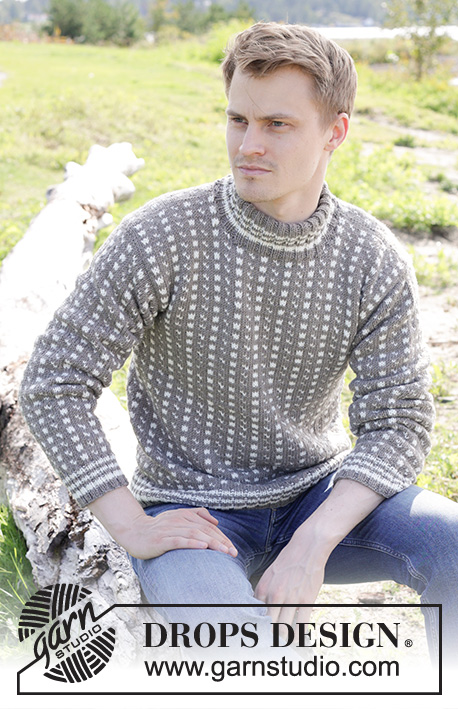 Winter Twilight / DROPS 246-1 - Knitted jumper for men in DROPS Merino Extra Fine. The piece is worked bottom up with Nordic/Icelandic pattern, double neck and sewn-in sleeves. Sizes S - XXXL.