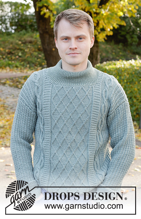 Ocean Ropes / DROPS 246-2 - Knitted sweater for men in DROPS Merino Extra Fine. The piece is worked bottom up with relief-pattern, cables, sewn-in sleeves and double neck. Sizes S - XXXL.