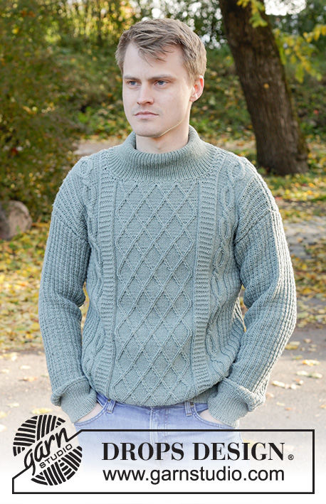 Ocean Ropes / DROPS 246-2 - Knitted sweater for men in DROPS Merino Extra Fine. The piece is worked bottom up with relief-pattern, cables, sewn-in sleeves and double neck. Sizes S - XXXL.