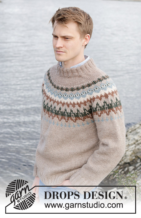 Autumn Reflections Sweater / DROPS 246-4 - Pull tricoté de haut en bas pour homme, en DROPS Nepal. Se tricote avec empiècement arrondi et jacquard. Du S au XXXL.