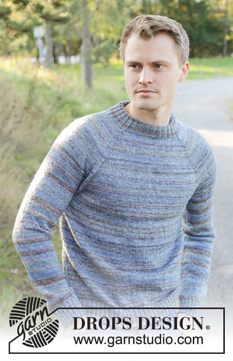 Blue Terrain / DROPS 246-41 - Knitted sweater for men in DROPS Fabel. The piece is worked top down with raglan and double neck. Sizes S - XXXL.