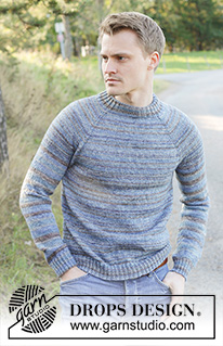 Blue Terrain / DROPS 246-41 - Knitted sweater for men in DROPS Fabel. The piece is worked top down with raglan and double neck. Sizes S - XXXL.