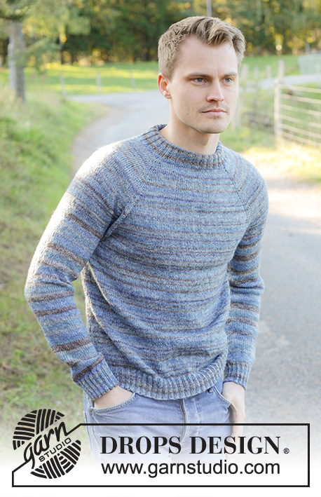 Blue Terrain / DROPS 246-41 - Knitted jumper for men in DROPS Fabel. The piece is worked top down with raglan and double neck. Sizes S - XXXL.