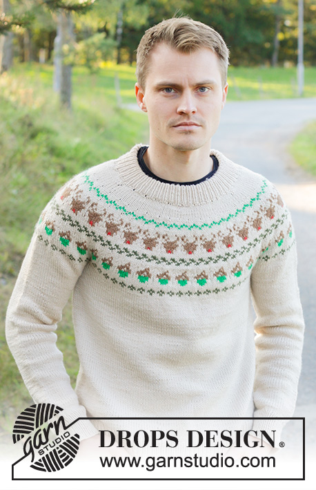 Reindeer Dance Sweater / DROPS 246-42 - Knitted sweater for men in DROPS Daisy. The piece is worked top down with double neck, round yoke and multi-colored reindeer pattern. Sizes S - XXXL.
