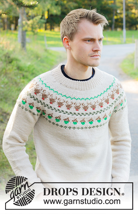 Reindeer Dance Sweater / DROPS 246-42 - Pull tricoté de haut en bas pour homme, en DROPS Daisy. Se tricote avec col doublé, empiècement arrondi et jacquard rennes. Du S au XXXL.
