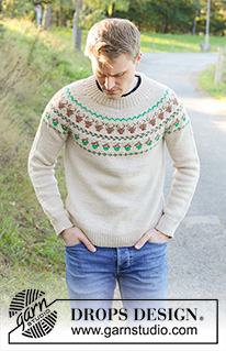 Reindeer Dance Sweater / DROPS 246-42 - Męski sweter na drutach, przerabiany od góry do dołu, z włóczki DROPS Daisy. Z podwójnym wykończeniem dekoltu, zaokrąglonym karczkiem i żakardem w renifery. Od S do XXXL.