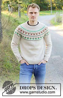 Reindeer Dance Sweater / DROPS 246-42 - Męski sweter na drutach, przerabiany od góry do dołu, z włóczki DROPS Daisy. Z podwójnym wykończeniem dekoltu, zaokrąglonym karczkiem i żakardem w renifery. Od S do XXXL.