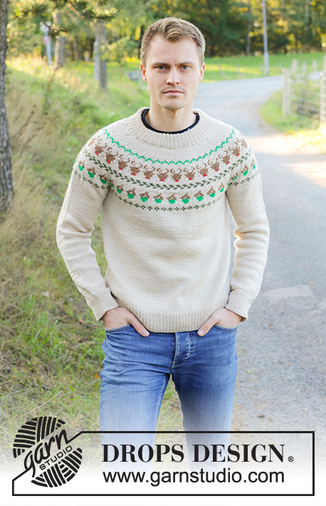 Reindeer Dance Sweater / DROPS 246-42 - Pull tricoté de haut en bas pour homme, en DROPS Daisy. Se tricote avec col doublé, empiècement arrondi et jacquard rennes. Du S au XXXL.