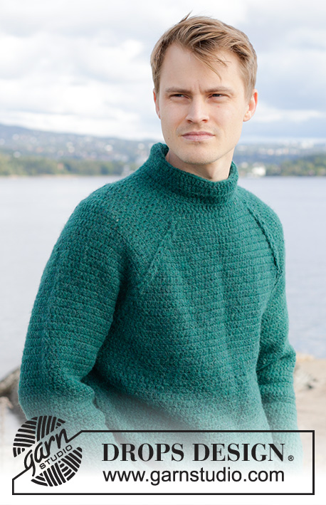Irish Hill / DROPS 246-5 - Crocheted jumper for men in DROPS Air. The piece is worked top down with raglan, cables and long sleeves. Size S - XXXL.