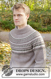 Boreal Circle / DROPS 246-9 - Męski sweter na drutach, przerabiany od góry do dołu, z włóczki DROPS Karisma. Z zaokrąglonym karczkiem, żakardem norweskim i podwójnym wykończeniem dekoltu. Od S do XXXL.