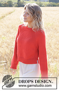 Red Sunrise / DROPS 248-10 - Pull tricoté de haut en bas en DROPS Daisy. Se tricote avec emmanchures raglan, point fantaisie relief, fente sur les côtés et bordure I-cord. Du S au XXXL.
