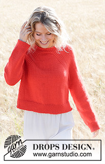 Red Sunrise / DROPS 248-10 - Pull tricoté de haut en bas en DROPS Daisy. Se tricote avec emmanchures raglan, point fantaisie relief, fente sur les côtés et bordure I-cord. Du S au XXXL.