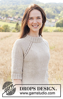 Sand Valley / DROPS 248-12 - Knitted sweater in DROPS Bomull-Lin or DROPS Paris. The piece is worked top down in stockinette stitch with double neck, raglan, ¾-length sleeves and split in sides with I-cord. Sizes XS - XXL.