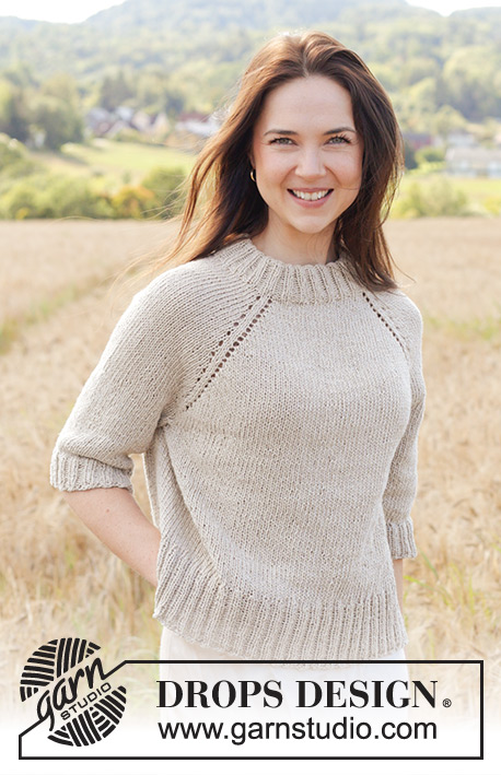 Sand Valley / DROPS 248-12 - Knitted sweater in DROPS Bomull-Lin or DROPS Paris. The piece is worked top down in stockinette stitch with double neck, raglan, ¾-length sleeves and split in sides with I-cord. Sizes XS - XXL.