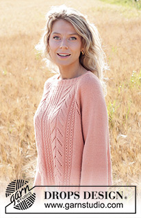 Pink Paradise / DROPS 248-14 - Pull tricoté de haut en bas, en DROPS Flora ou DROPS BabyMerino. Se tricote avec emmanchures raglan, point ajouré et torsades. Du S au XXXL.