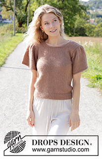 Brown Butterflies Top / DROPS 248-20 - Knitted jumper with short sleeves in DROPS Alpaca and DROPS Kid-Silk. The piece is worked bottom up with round neck + I-cord and short, puffed sleeves. Sizes S - XXXL.