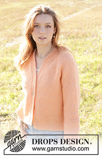 Perfectly Peach Jacket / DROPS 248-23 - Knitted jacket in DROPS Air. The piece is worked top down with moss stitch, raglan, V-neck and I-cord. Sizes XS - XXL.