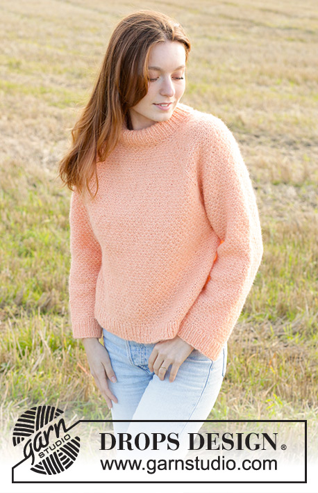 Perfectly Peach / DROPS 248-24 - Knitted jumper in DROPS Air. The piece is worked top down with double neck, moss stitch and raglan. Sizes XS - XXL.