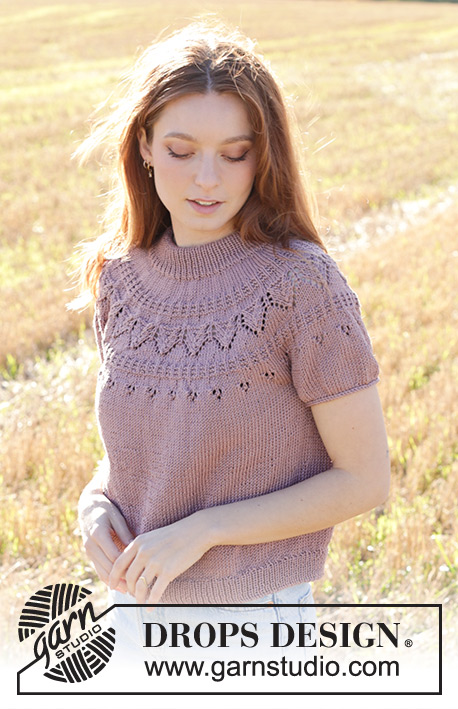 Plum Love / DROPS 248-29 - Knitted short-sleeved jumper in DROPS Muskat. The piece is worked top down with double neck, round yoke and lace pattern. Sizes S - XXXL.