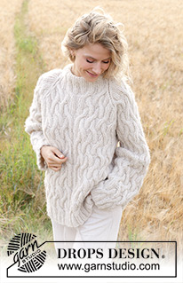 Sand Trails / DROPS 248-3 - Knitted jumper in DROPS Air and DROPS Brushed Alpaca Silk. The piece is worked bottom up with raglan, cables and double neck. Sizes S - XXXL.