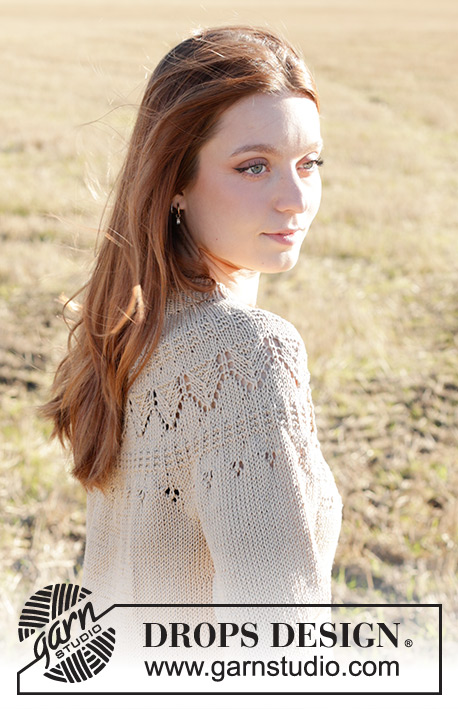 Sand Notes / DROPS 248-31 - Knitted jumper in DROPS Muskat. The piece is worked top down with double neck, round yoke and lace pattern. Sizes S - XXXL.