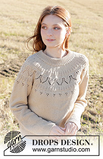 Sand Notes / DROPS 248-31 - Knitted jumper in DROPS Muskat. The piece is worked top down with double neck, round yoke and lace pattern. Sizes S - XXXL.