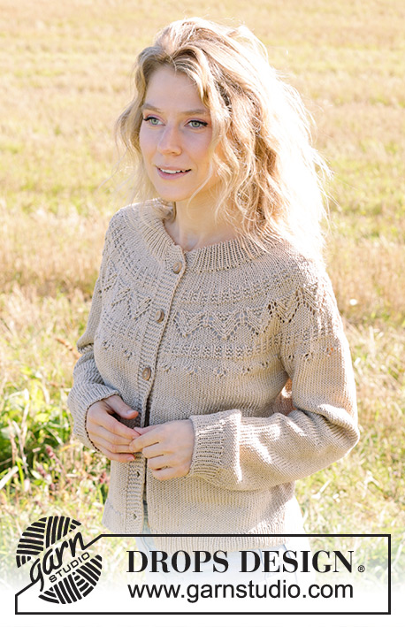 Sand Notes Cardigan / DROPS 248-32 - Knitted jacket in DROPS Muskat. The piece is worked top down with double neck, round yoke, lace pattern and I-cord. Sizes S - XXXL.