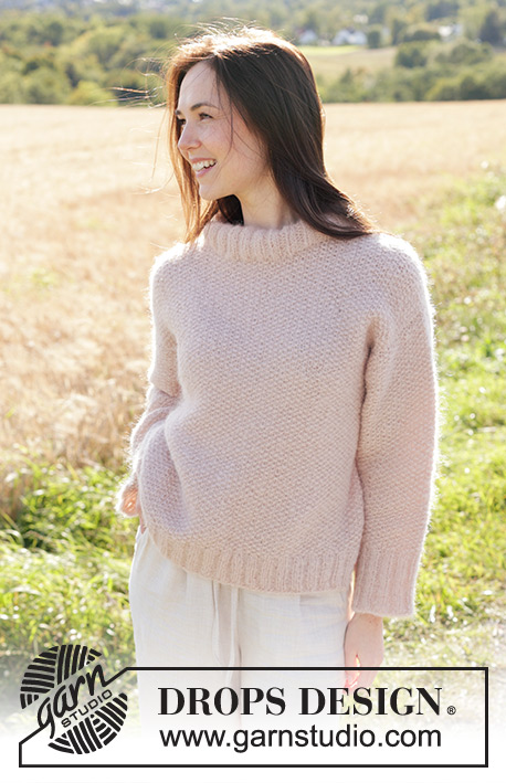 Spring Whisper / DROPS 248-34 - Knitted sweater in DROPS Melody. The piece is worked top down with moss stitch, diagonal/European shoulders and split in sides. Sizes S - XXXL.