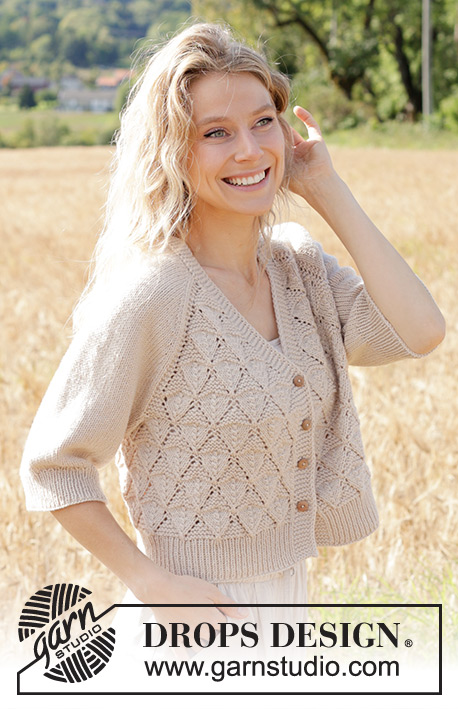 Sand Diamond Cardigan / DROPS 248-5 - Knitted jacket in DROPS Daisy or DROPS Merino Extra Fine. The piece is worked top down with raglan, V-neck, lace pattern and ¾-length sleeves. Sizes S - XXXL.