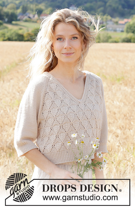 Sand Diamond / DROPS 248-6 - Knitted jumper in DROPS Daisy or DROPS Merino Extra Fine. The piece is worked top down with raglan, V-neck, lace pattern and ¾-length sleeves. Sizes S - XXXL.