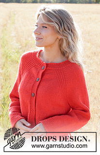 Red Sunrise Cardigan / DROPS 248-9 - Knitted jacket in DROPS Daisy. The piece is worked top down with raglan, relief-pattern, split in sides and I-cord. Sizes S - XXXL.