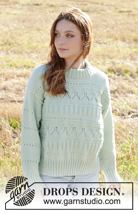 Mint Romance / DROPS 249-12 - Knitted jumper in DROPS Daisy. The piece is worked top down with diagonal/European shoulders, lace pattern, double neck and split in sides. Sizes S - XXXL.